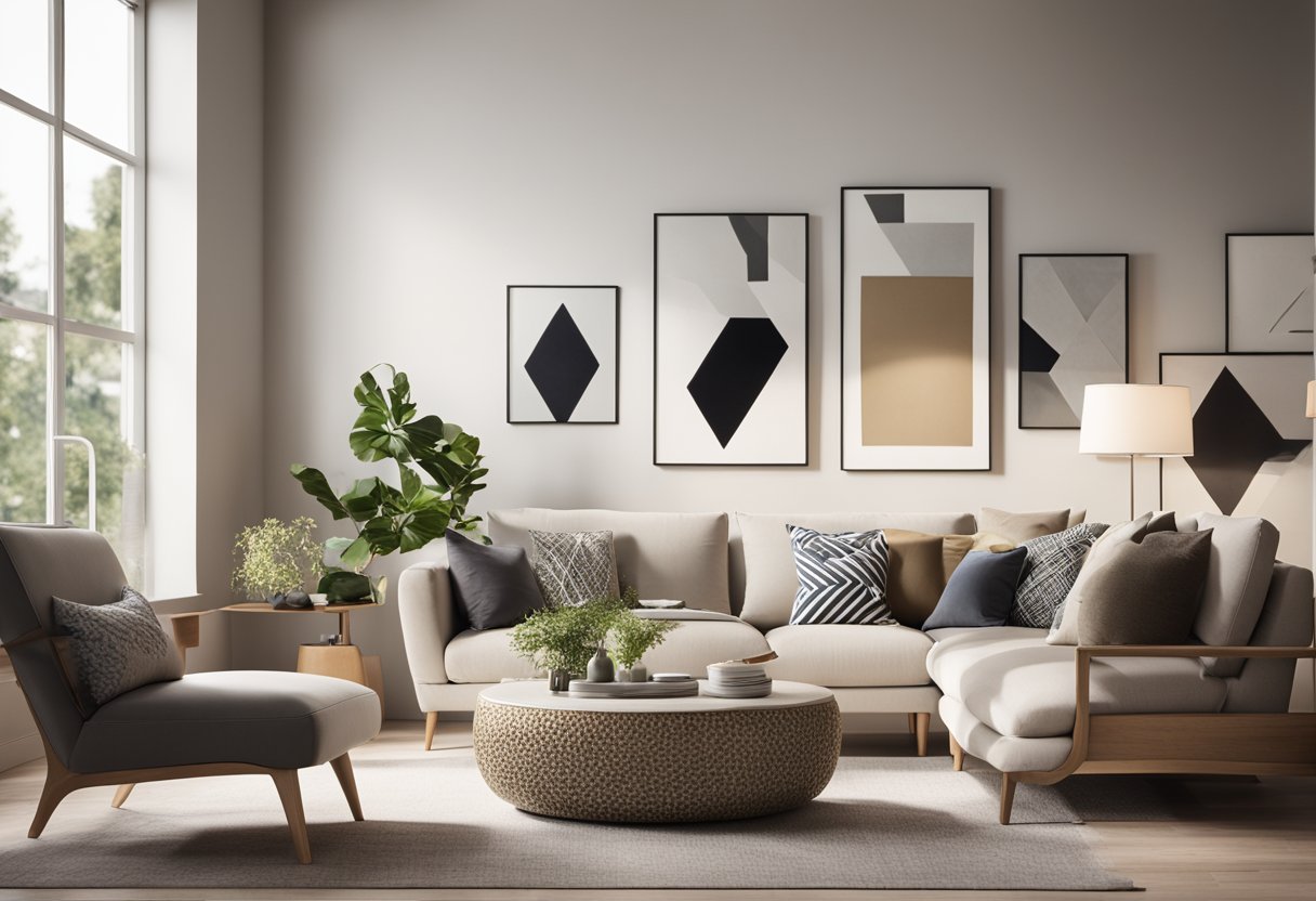 A modern living room with sleek furniture, geometric patterns, and a neutral color palette. A large window lets in natural light, illuminating the space