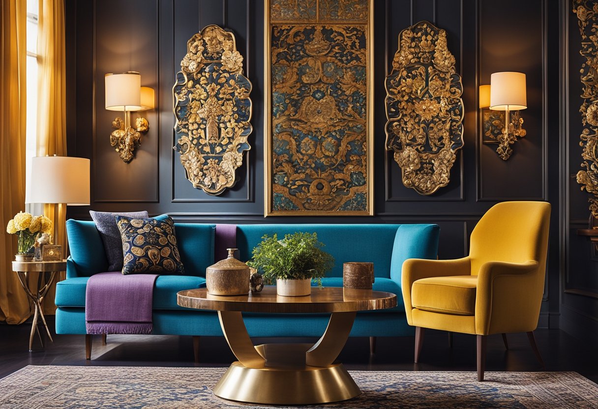 A mix of modern and vintage furniture, bold patterns, and vibrant colors fill the room. Artwork and decor from various cultures and time periods create a visually stimulating and unique space