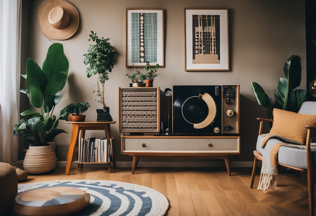 A cozy living room with a mix of vintage and modern furniture, colorful patterns, and unique art pieces. A hanging macramé plant holder and a vintage record player add to the eclectic vibe