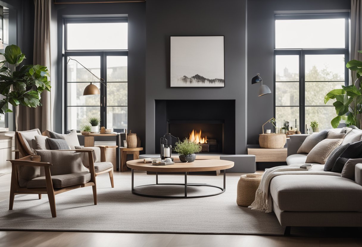 A bright, open living room with modern furniture, large windows, and a cozy fireplace. The space is filled with natural light and decorated with stylish accessories