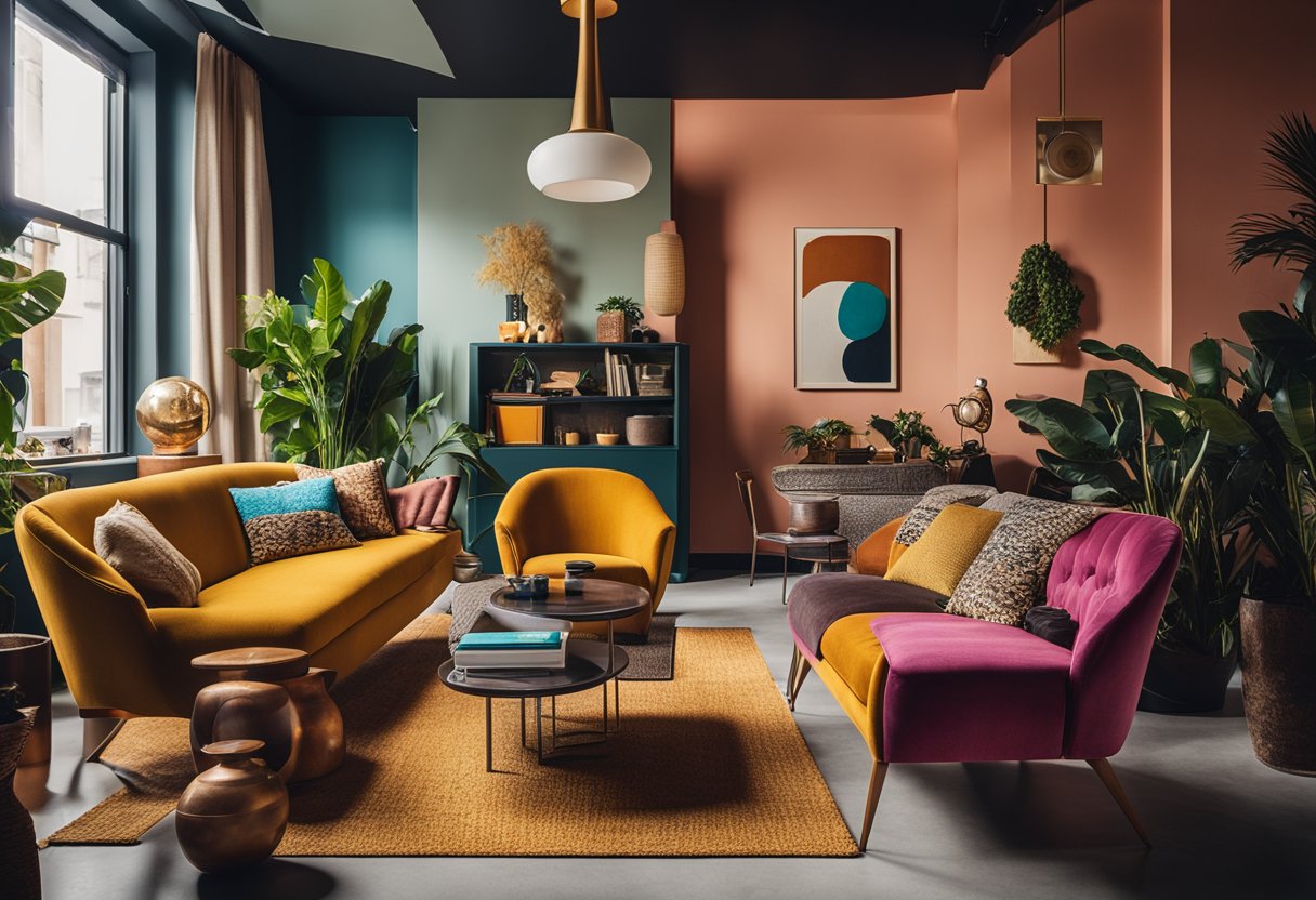 An eclectic interior with bold colors, mismatched furniture, and unique decor. A mix of vintage and modern elements creates a vibrant and dynamic space