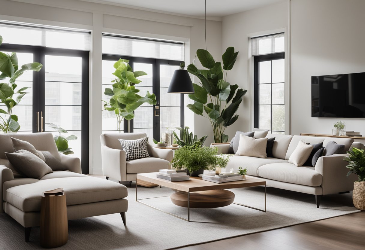 A modern living room with sleek furniture, a neutral color palette, and natural lighting from large windows. The space is accented with minimalist decor and plants, creating a serene and inviting atmosphere