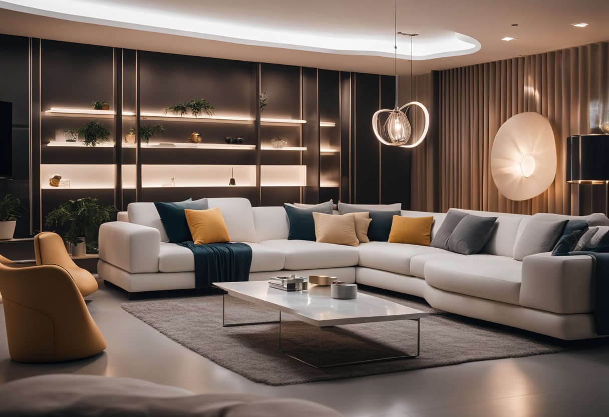 A futuristic living room with AI-controlled furniture and lighting, showcasing sleek and modern design elements