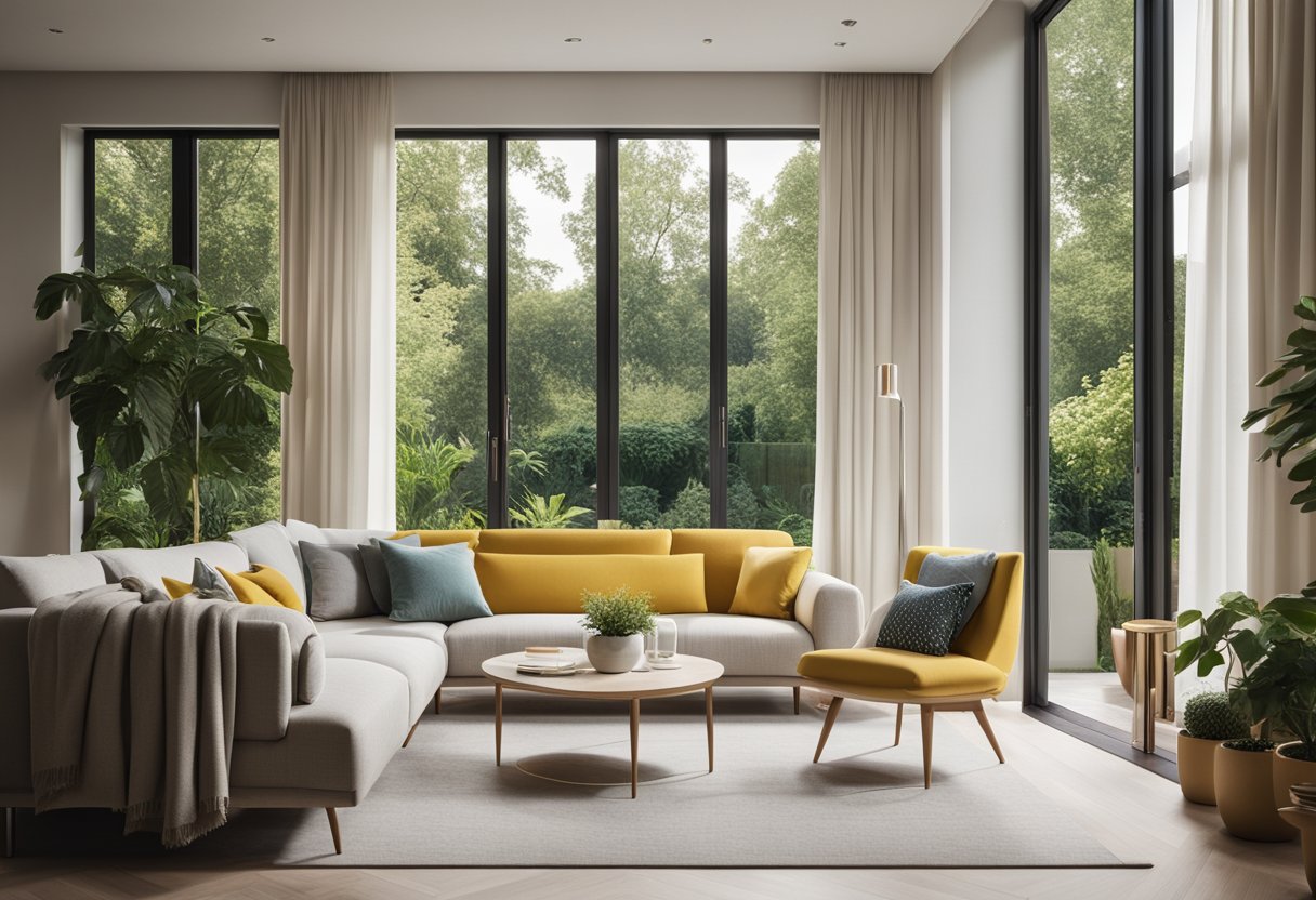 A bright, spacious room with modern furniture and large windows overlooking a lush garden. The color scheme is calming and inviting, with pops of vibrant accents