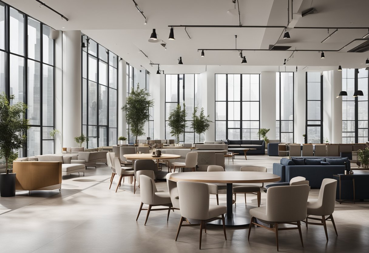 A spacious, modern commercial space with sleek furniture, natural lighting, and a minimalist color palette. High ceilings and large windows create an open and inviting atmosphere
