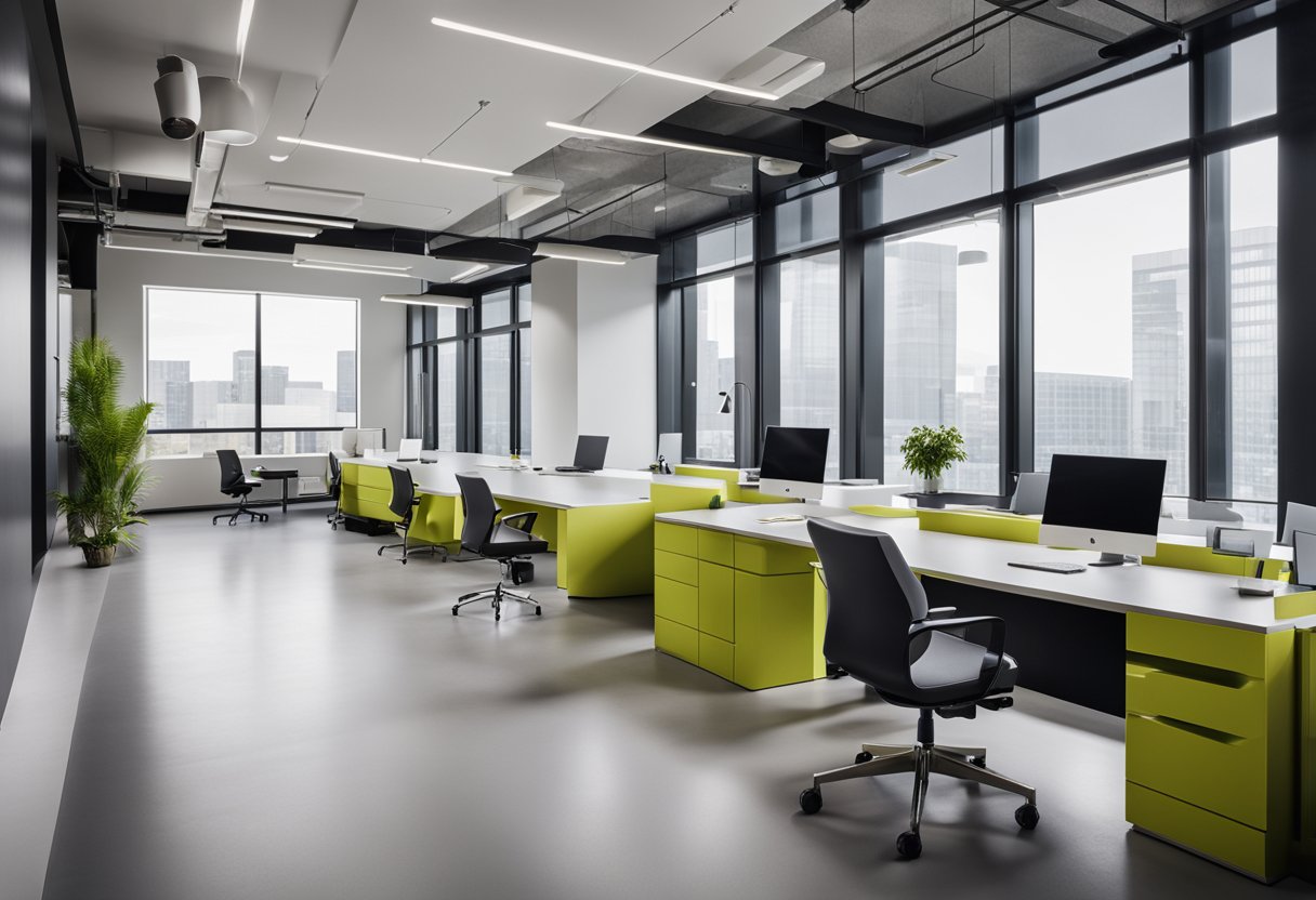 A modern, sleek office space with clean lines, minimalistic furniture, and pops of color. Large windows allow natural light to flood the room, creating a bright and inviting atmosphere
