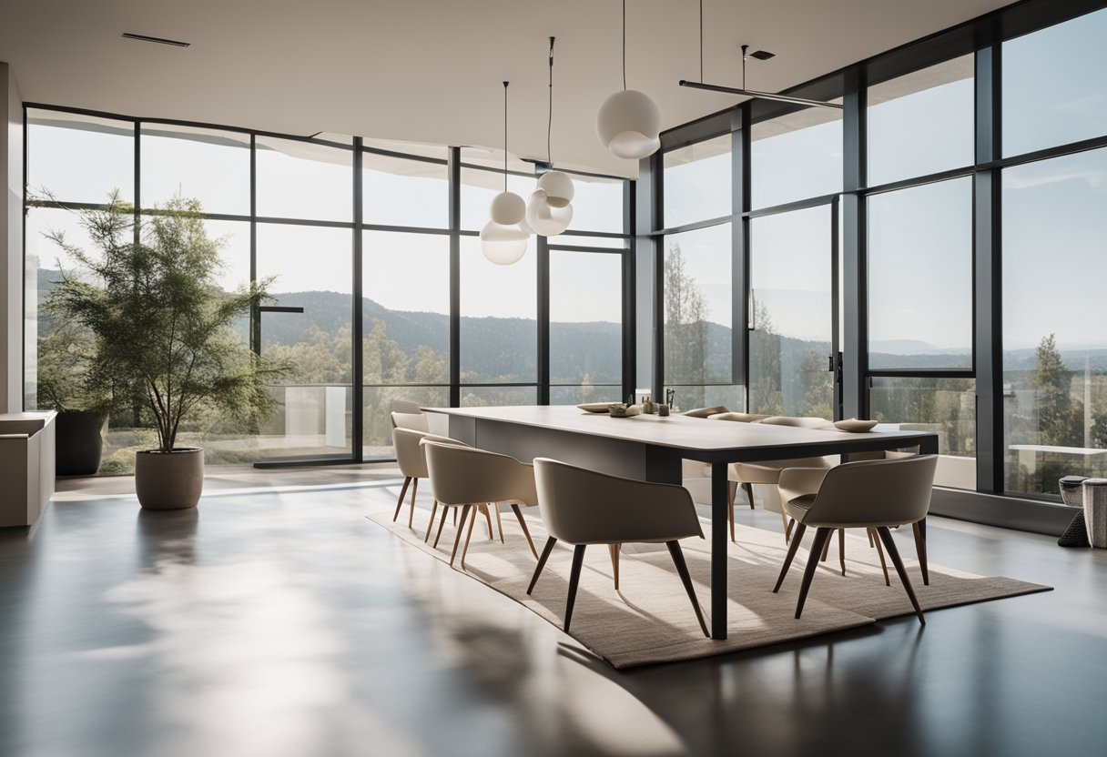 A modern, minimalist interior with sleek furniture, clean lines, and a neutral color palette. Large windows flood the space with natural light, creating a sense of openness and tranquility