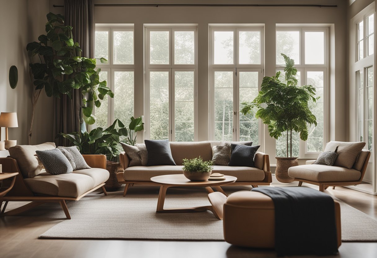 A modern living room with earthy tones, natural materials, and plenty of greenery. Large windows let in natural light, and cozy seating invites relaxation
