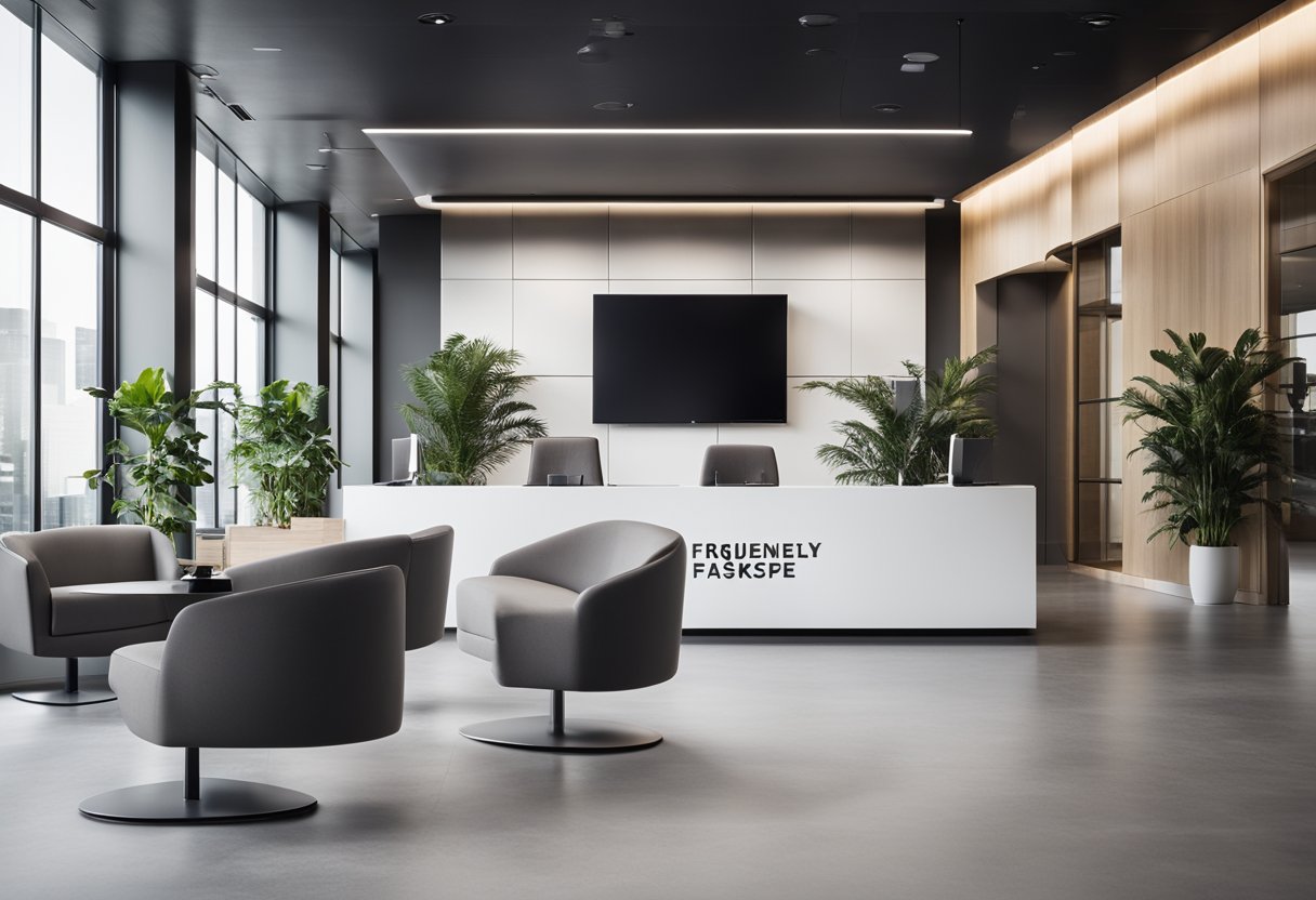 A modern, sleek office space with clean lines and minimalist furniture. A large, welcoming reception area with a prominent "Frequently Asked Questions" sign. Bright, natural lighting and a professional, polished atmosphere