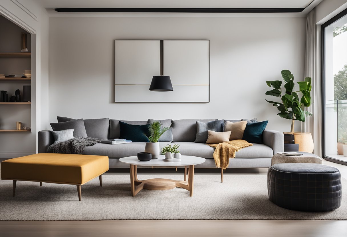 A modern living room with sleek furniture and pops of color. Natural light floods the space, highlighting the clean lines and minimalist decor