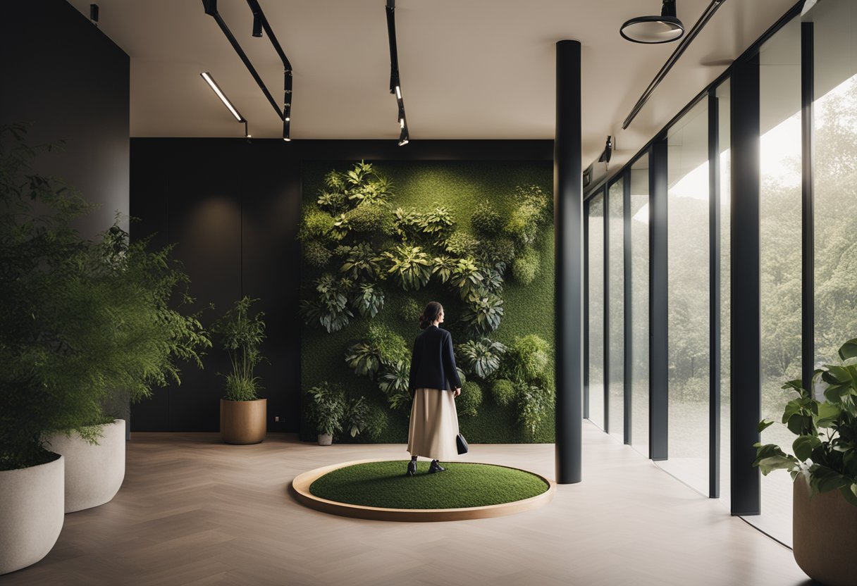 A person walks through a modern, minimalist Earth interior design with clean lines, natural materials, and pops of greenery