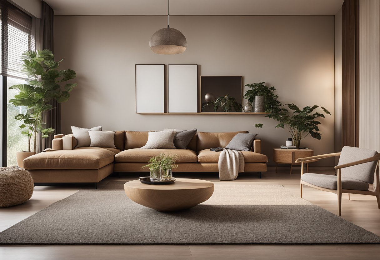 A modern, minimalist living room with earthy tones and natural materials. A cozy space with clean lines and warm lighting