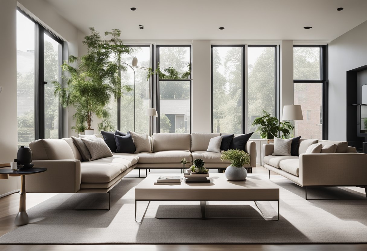 A modern living room with sleek furniture, clean lines, and a neutral color palette. Large windows let in natural light, and there are minimalistic decor accents throughout the space