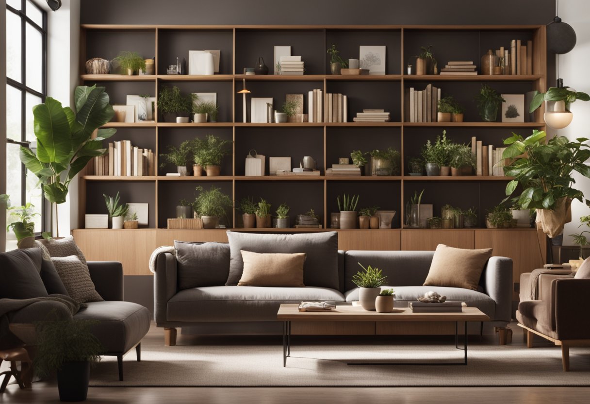 A cozy living room with earthy tones, warm lighting, and natural textures. A bookshelf filled with design books, a comfortable sofa, and potted plants create a welcoming space