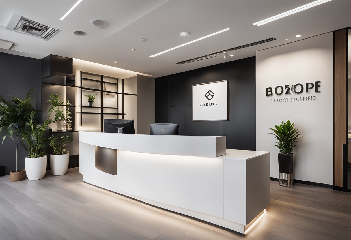 A modern office with a clean, minimalist design. A reception desk with the company logo, comfortable seating, and a display of past projects on the walls