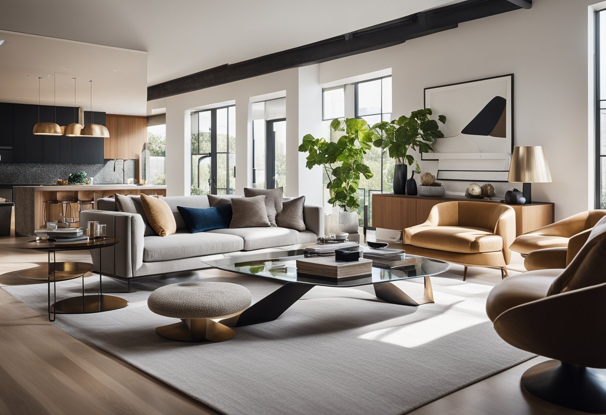 A modern living room with a large, plush sofa, a sleek coffee table, and a statement wall adorned with abstract art. The room is bathed in natural light from the floor-to-ceiling windows, creating a warm and inviting atmosphere