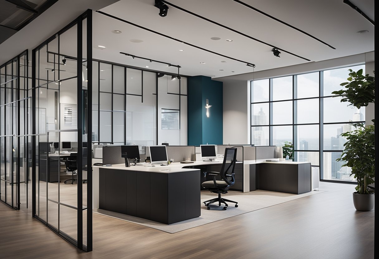 A modern, sleek office space with clean lines and minimalist decor. The Absolook logo prominently displayed on the wall