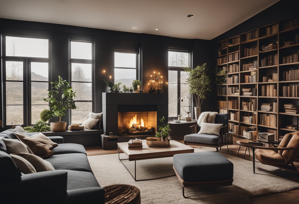 A cozy living room with a fireplace, comfortable seating, and warm lighting. A bookshelf filled with books and decorative items. A large window with a view of nature