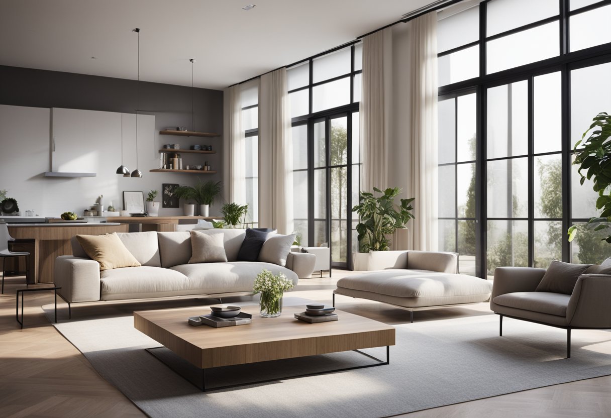 A modern living room with clean lines, neutral colors, and minimalistic furniture. Large windows allow natural light to fill the space, creating a bright and airy atmosphere
