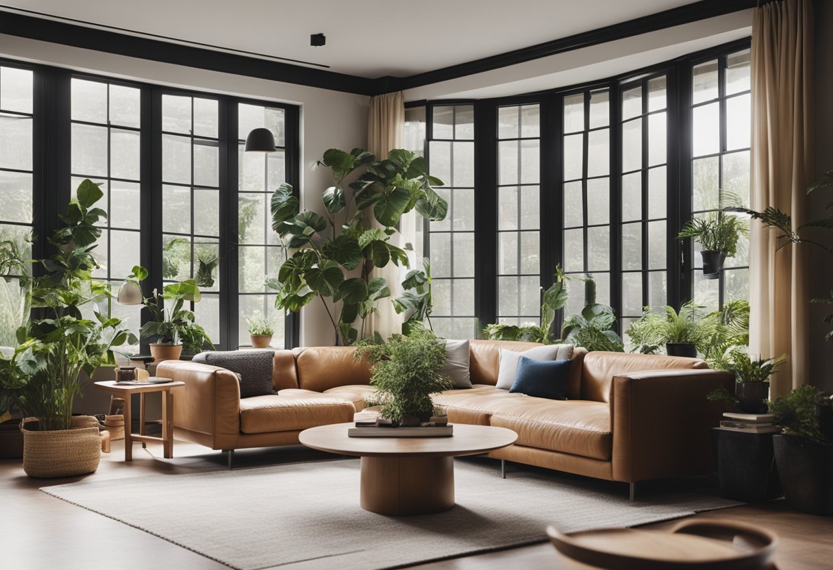 A modern living room with a cozy sofa, a sleek coffee table, and a bookshelf filled with design books. A large window lets in natural light, and a potted plant adds a touch of greenery