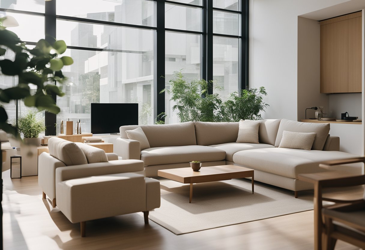 Clean, minimalist Muji interior with natural light, neutral colors, and simple, functional furniture