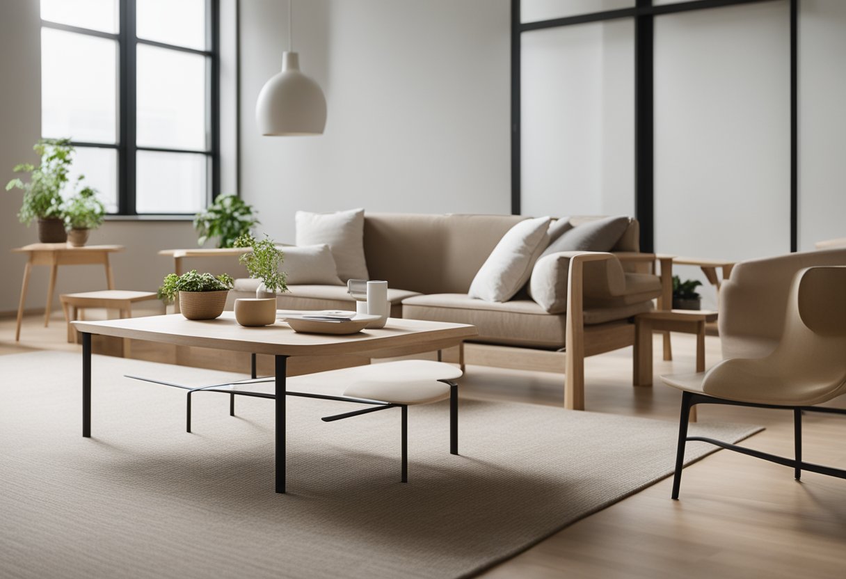 A minimalist Muji interior with neutral colors, natural materials, and simple, functional furniture arranged in a clean, uncluttered space