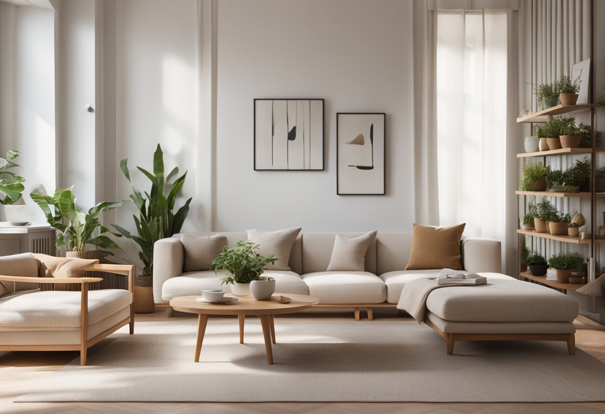 A minimalist living room with natural light, neutral colors, and simple furniture. A low wooden table with a tea set, a floor cushion, and a shelf with neatly arranged books and plants