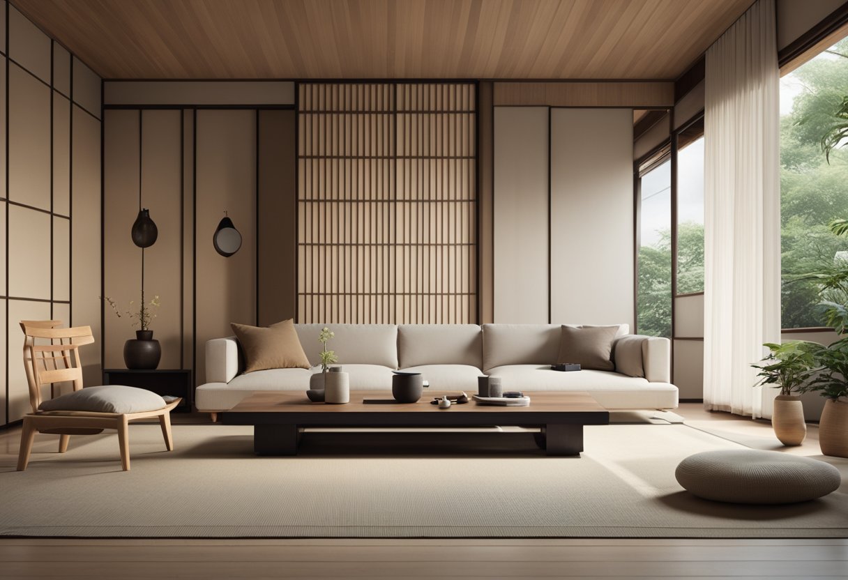 A minimalist living room with low furniture, sliding shoji screens, and tatami mats. Clean lines, neutral colors, and natural materials create a serene and uncluttered space