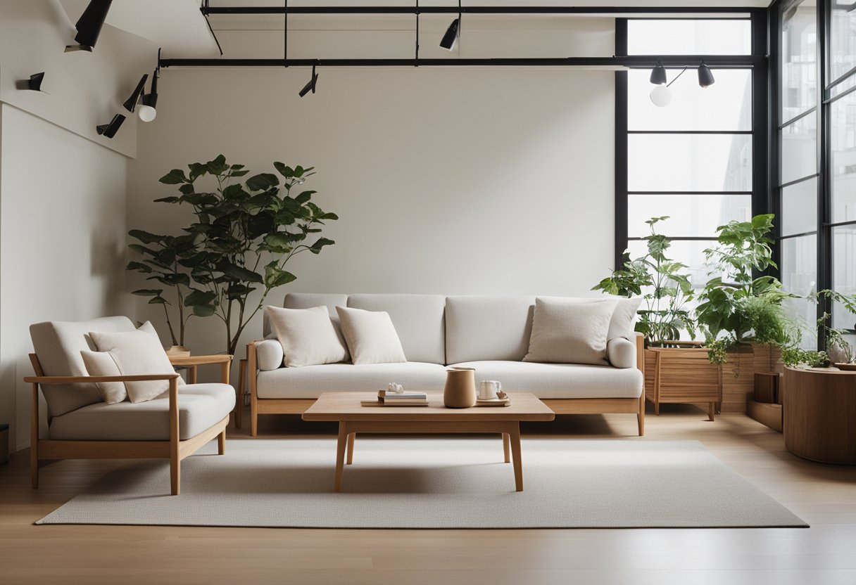 A clean, minimalist Muji interior with natural light, neutral colors, and simple, functional furniture