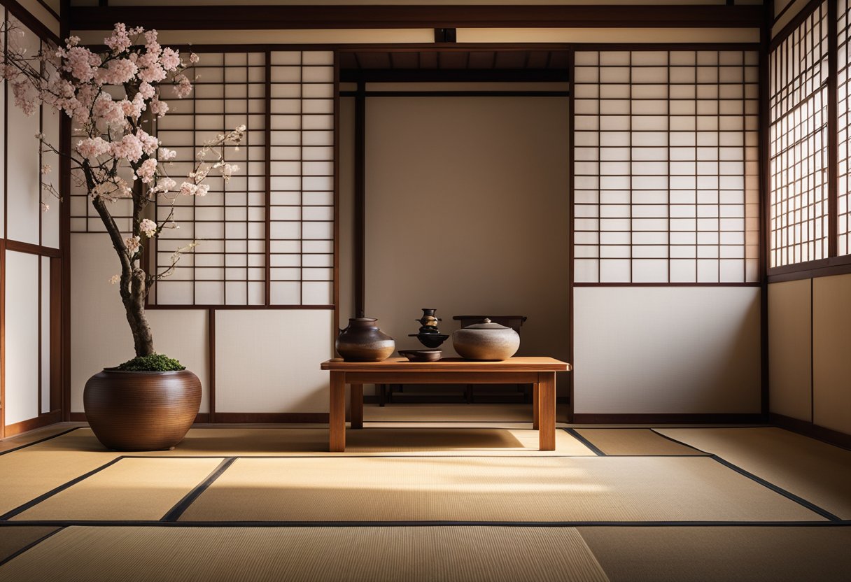 A minimalist tatami room with sliding shoji screens, low wooden furniture, and a tokonoma alcove displaying a simple floral arrangement