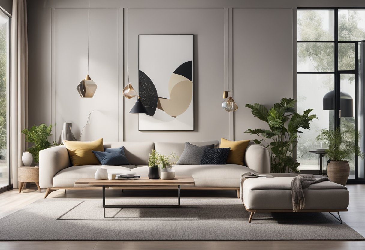 A modern living room with sleek furniture and a neutral color palette, accented by pops of color in the decor. Large windows let in natural light, creating a bright and inviting space