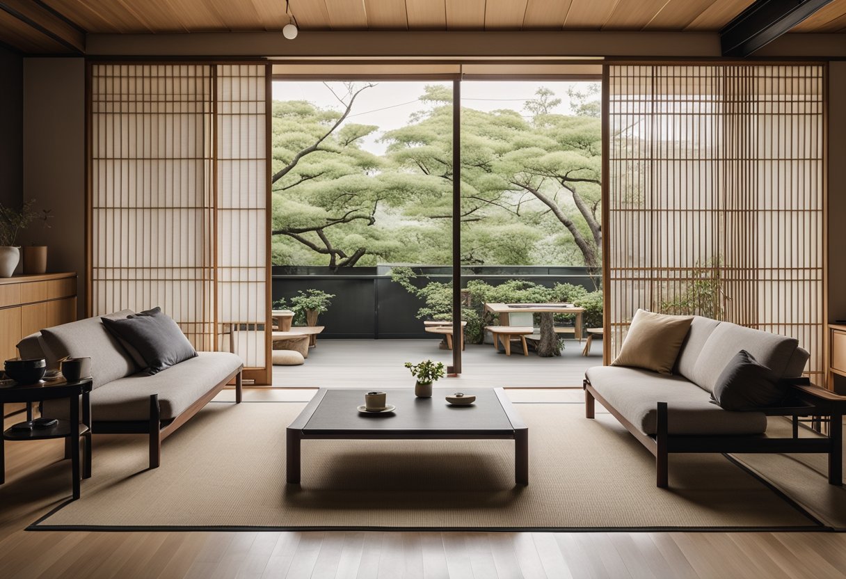 A minimalist living room with clean lines, natural materials, and a neutral color palette. Sliding shoji screens, tatami mats, and a low-slung dining table complete the modern Japanese aesthetic