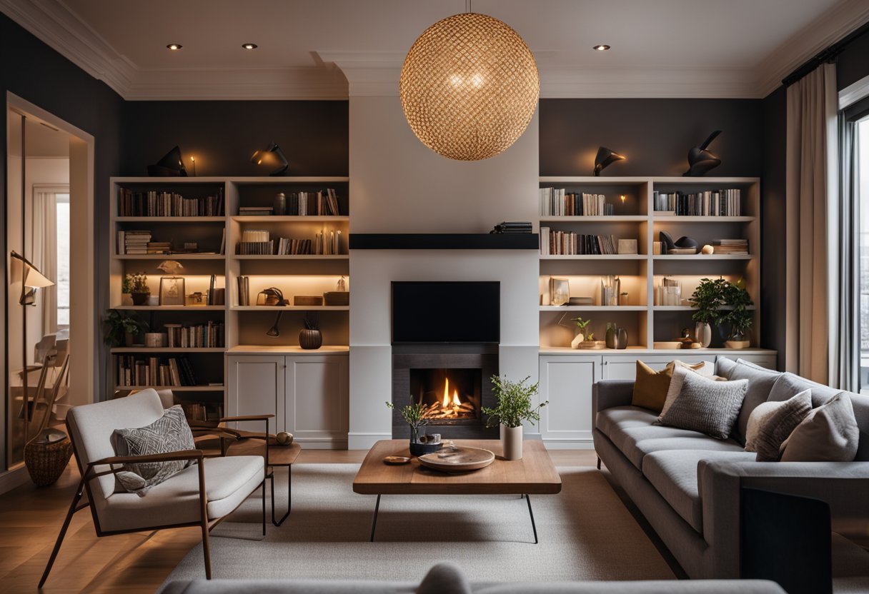A cozy living room with a fireplace, comfortable couch, and warm lighting. A bookshelf filled with books and a small dining area with a table and chairs