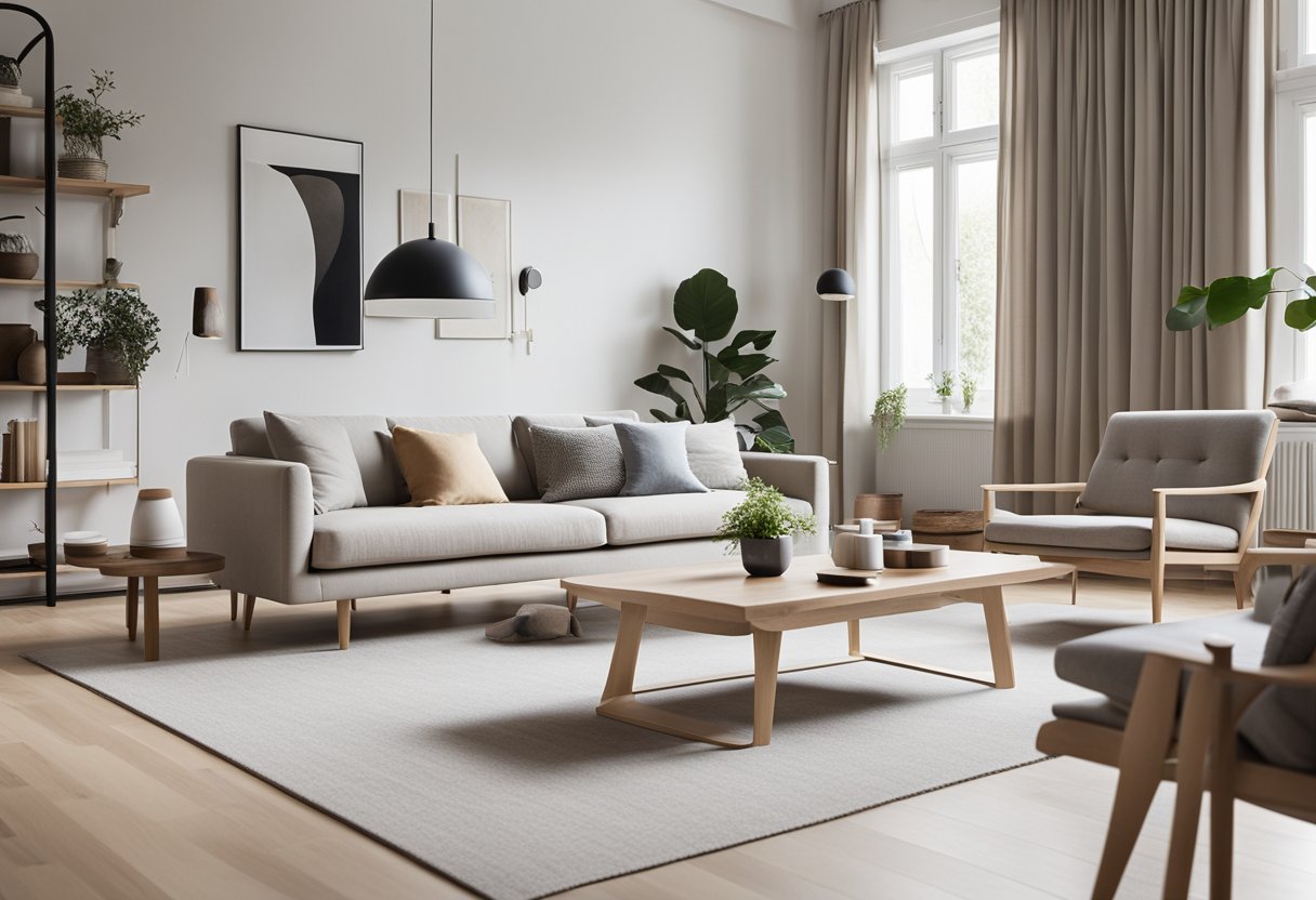 Sleek furniture, clean lines, and minimalist decor define the modern Scandinavian interior. Light wood floors, neutral color palette, and ample natural light create a serene and inviting space