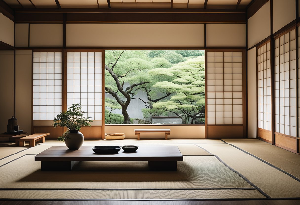 A minimalist Japanese interior with clean lines, low furniture, shoji screens, and a neutral color palette. Incorporate natural materials like wood and stone, with subtle accents of traditional Japanese art or calligraphy