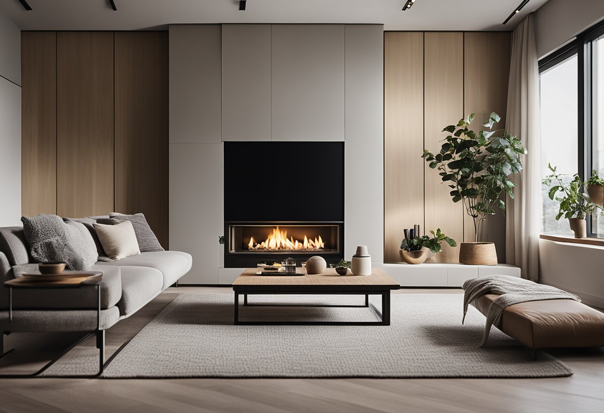 A minimalist living room with clean lines, natural materials, and neutral colors. A cozy fireplace and large windows bring in natural light
