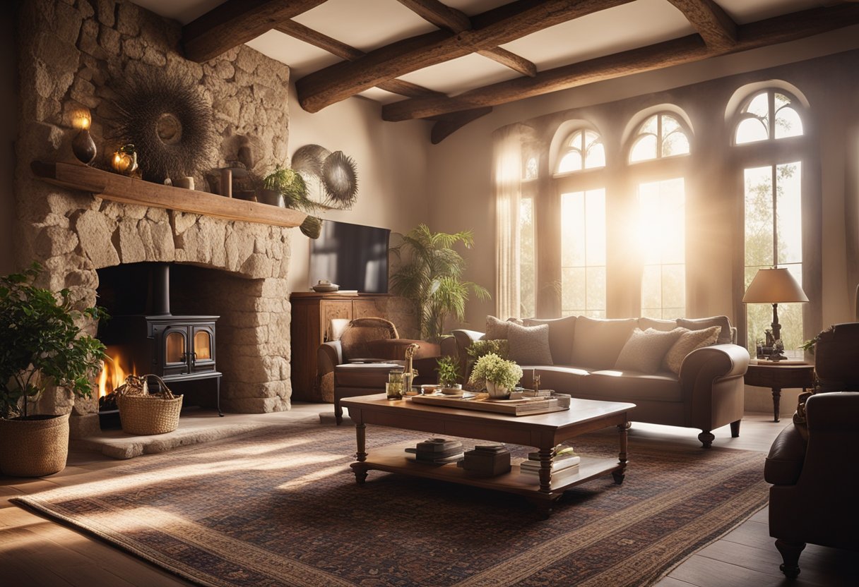 A cozy living room with wooden beams, stone fireplace, and vintage furniture. Sunlight filters through lace curtains onto a Persian rug