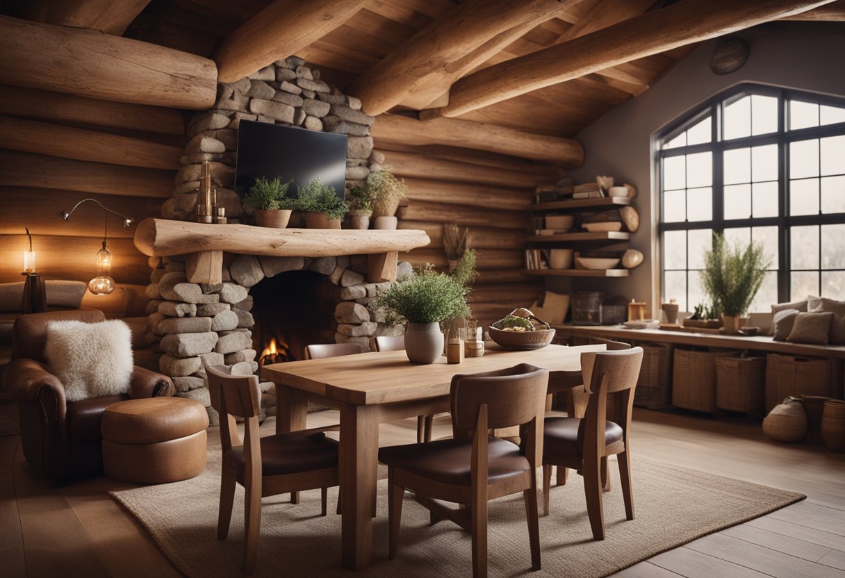 A cozy cabin with exposed wooden beams, stone fireplace, and earthy color palette. Vintage furniture and handcrafted decor complete the rustic interior design