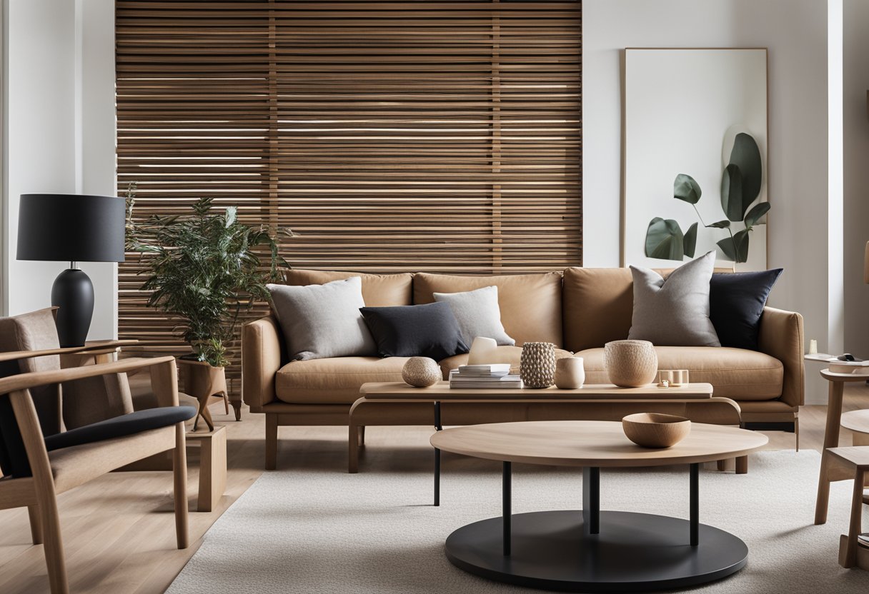 A sleek, minimalist living room with clean lines, natural materials, and a neutral color palette. Innovative furniture pieces and functional decor showcase the latest trends in modern Scandinavian design