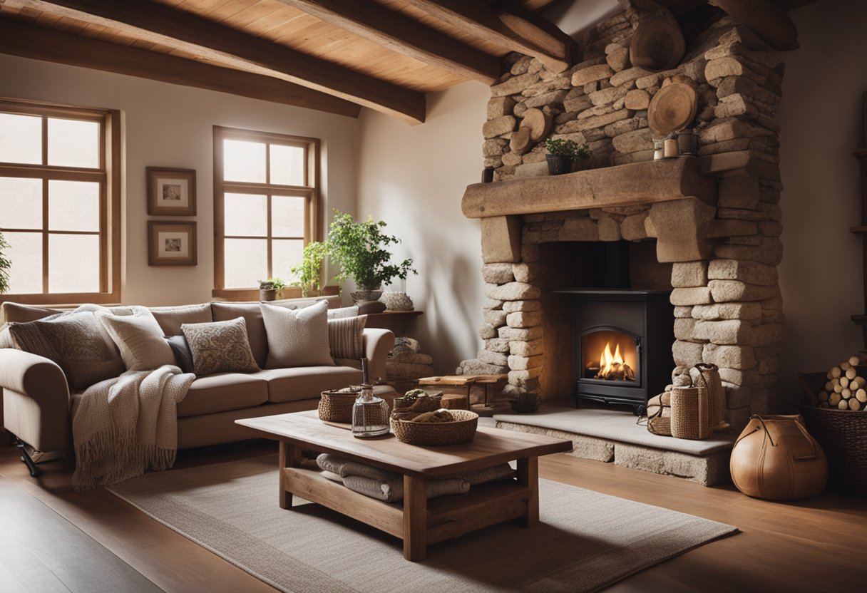 A cozy living room with exposed wooden beams, a stone fireplace, and earthy color palette. Vintage furniture and handmade textiles add warmth and charm