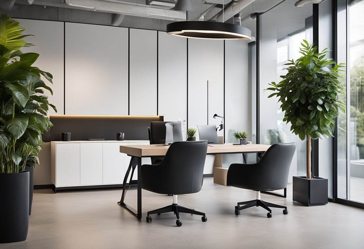 A modern, minimalist office space with sleek furniture, clean lines, and pops of color. A reception area with a sleek desk and comfortable seating. Warm lighting and plants add a welcoming touch