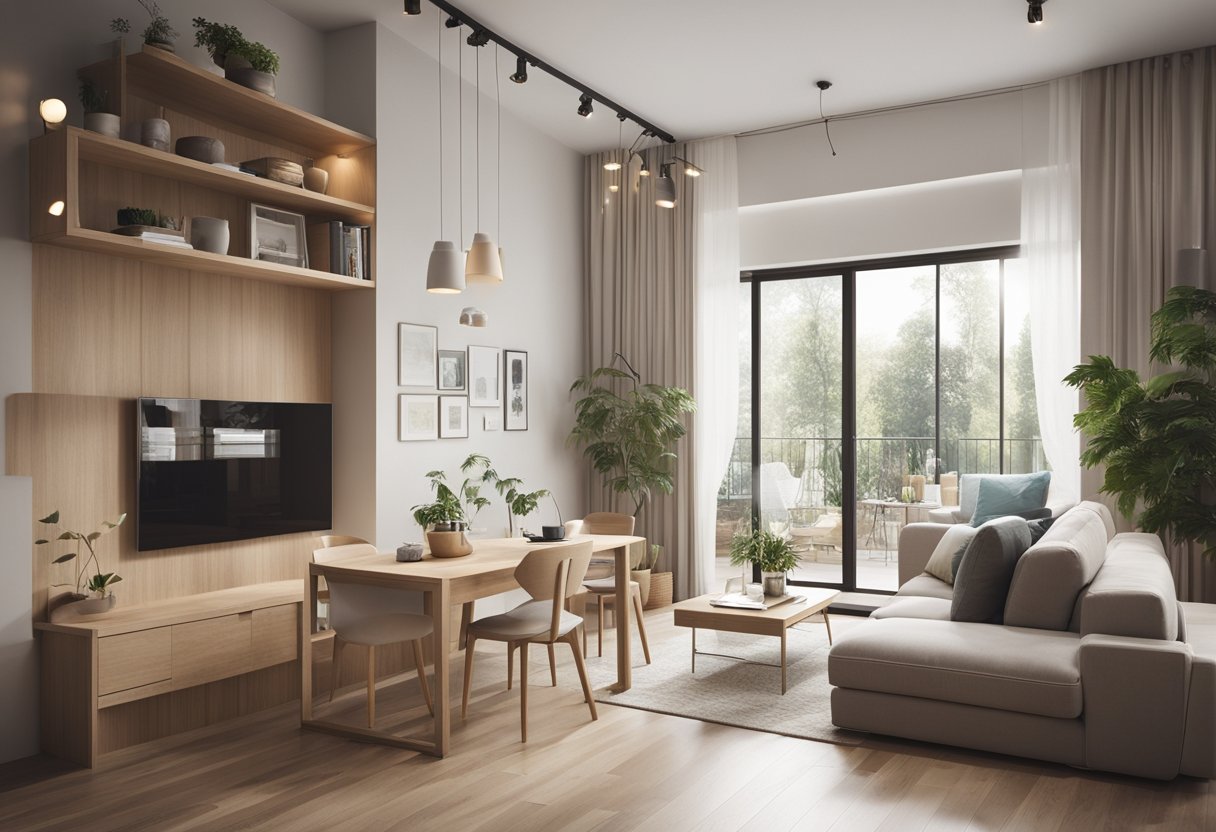 A small house interior with open floor plan, neutral color palette, and multifunctional furniture for efficient use of space