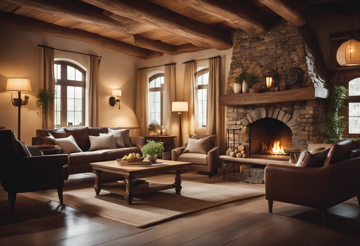 A cozy, rustic interior with wooden beams, stone fireplace, and vintage furniture. Warm lighting casts a soft glow, creating a welcoming atmosphere