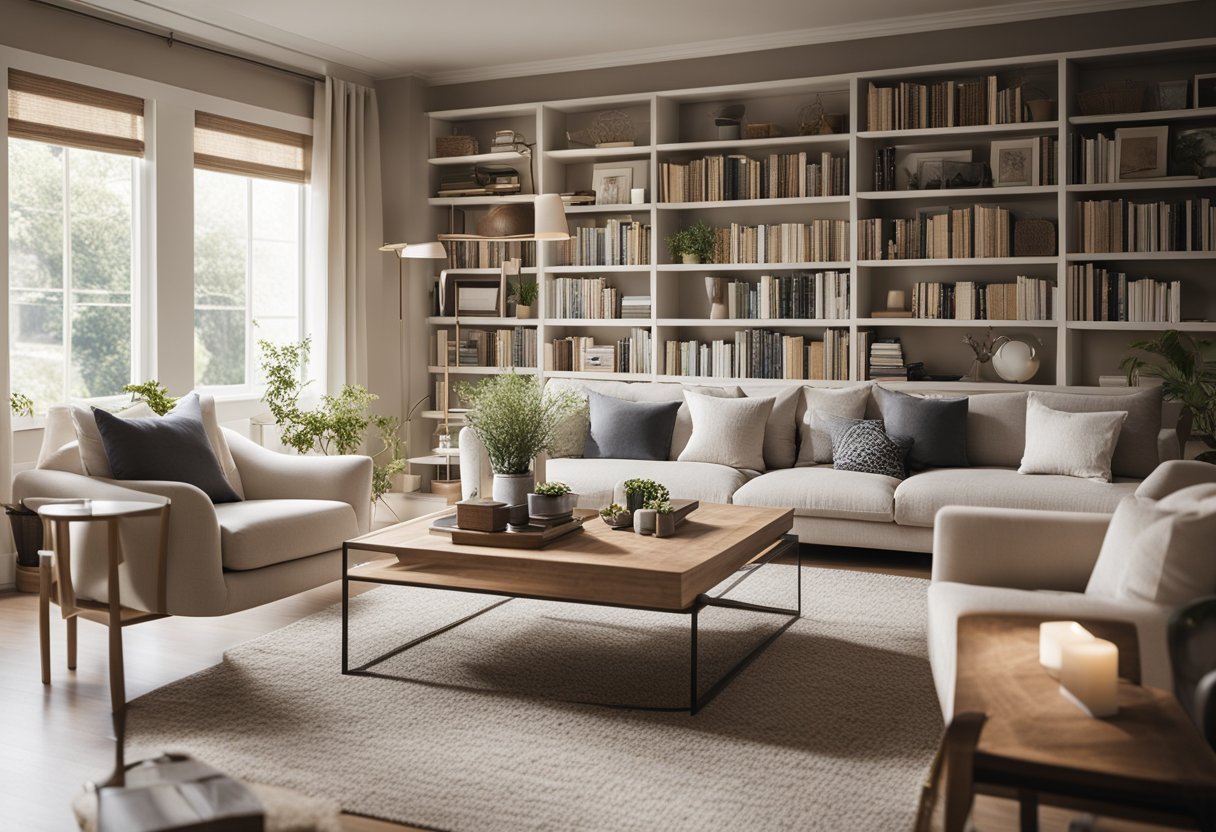 A cozy living room with a neutral color scheme, comfortable seating, and a bookshelf filled with design books. A small dining area with a table set for two. Bright natural light streaming in through the windows