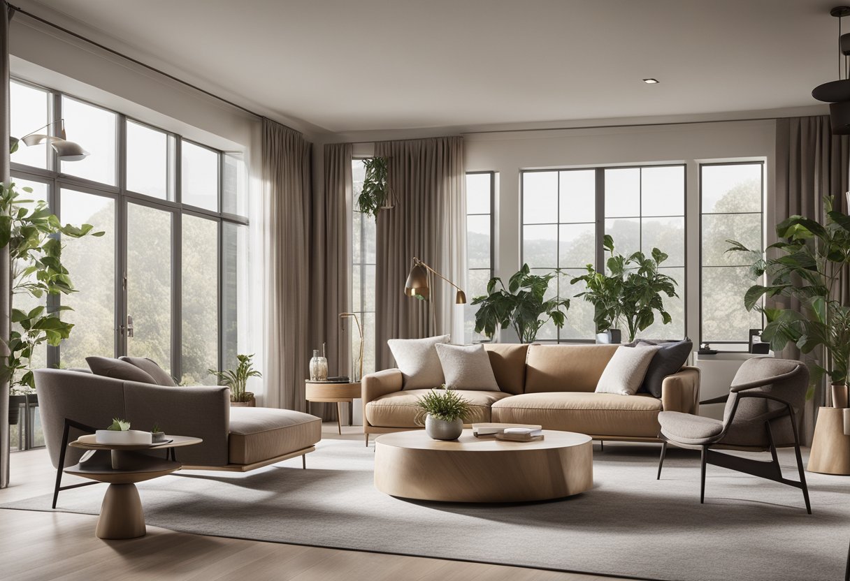 A cozy living room with minimalist furniture, clean lines, and neutral colors. A large window lets in natural light, illuminating the sleek, functional design