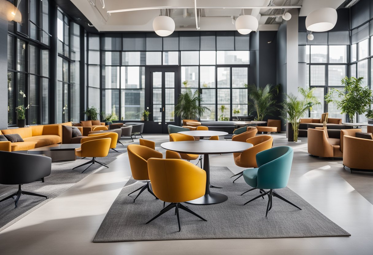 A modern commercial interior with sleek furniture and vibrant color accents. Large windows allow natural light to fill the space, creating a welcoming atmosphere