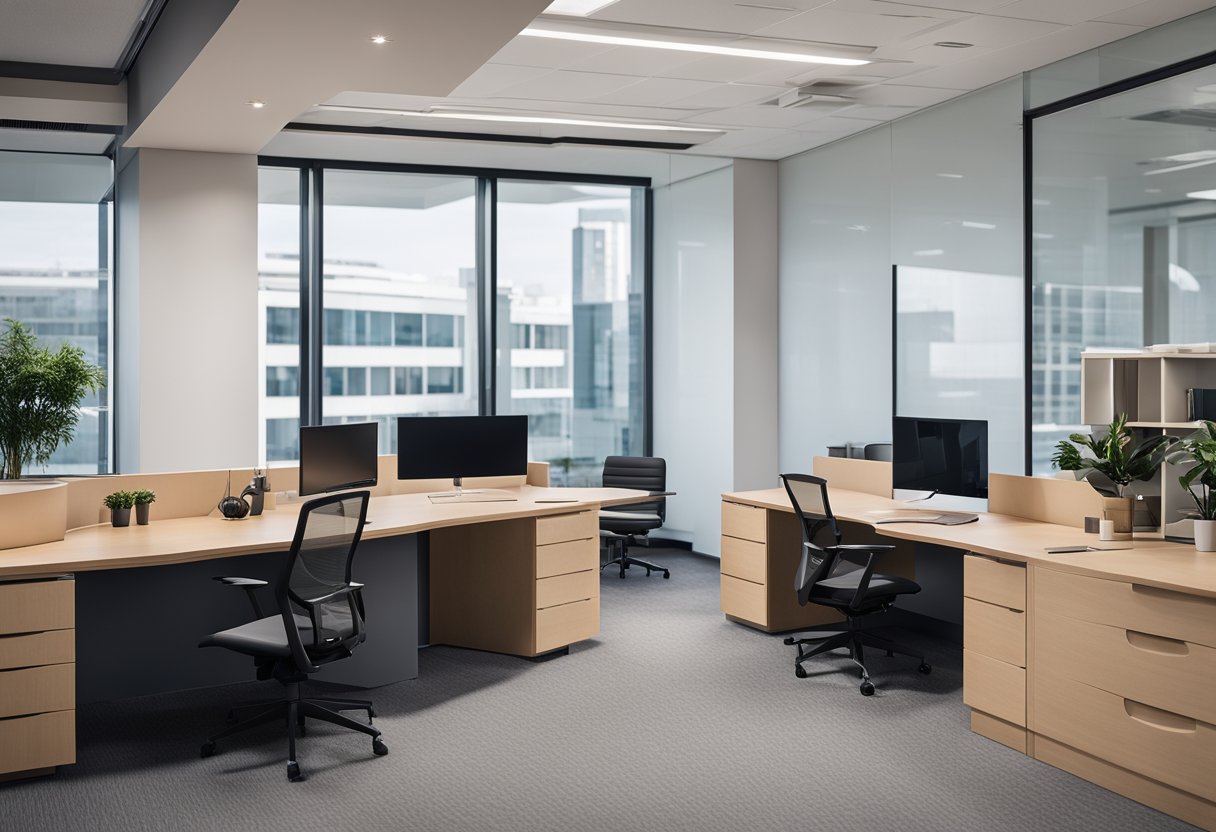A modern office space with sleek furniture, ample natural light, and a minimalist color palette. The space is organized and functional, with clean lines and a sense of professionalism