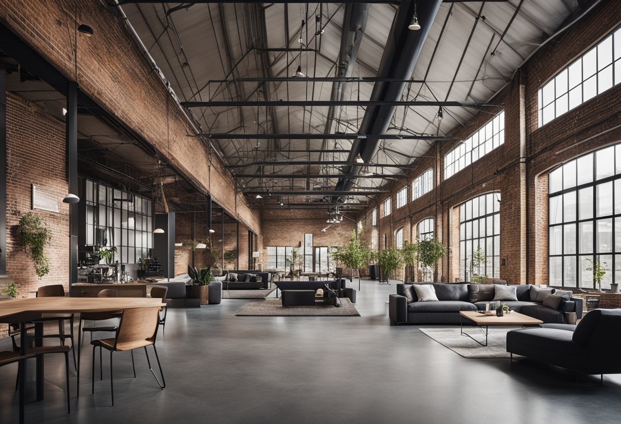A spacious, open-plan industrial interior with exposed brick, metal beams, and polished concrete floors. Large windows allow natural light to flood the space, showcasing sleek, minimalist furniture and modern artwork