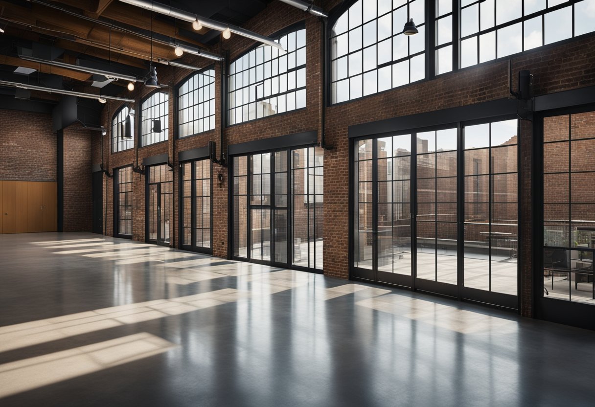 A spacious, open-concept industrial space with exposed brick walls, polished concrete floors, and large windows allowing natural light to flood the room