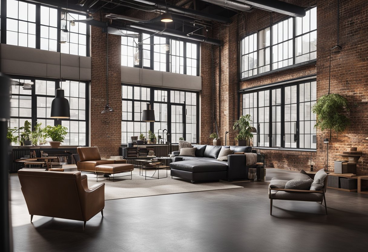 A spacious loft with exposed brick, metal beams, and large windows. Industrial lighting fixtures and minimalist furniture complete the modern design